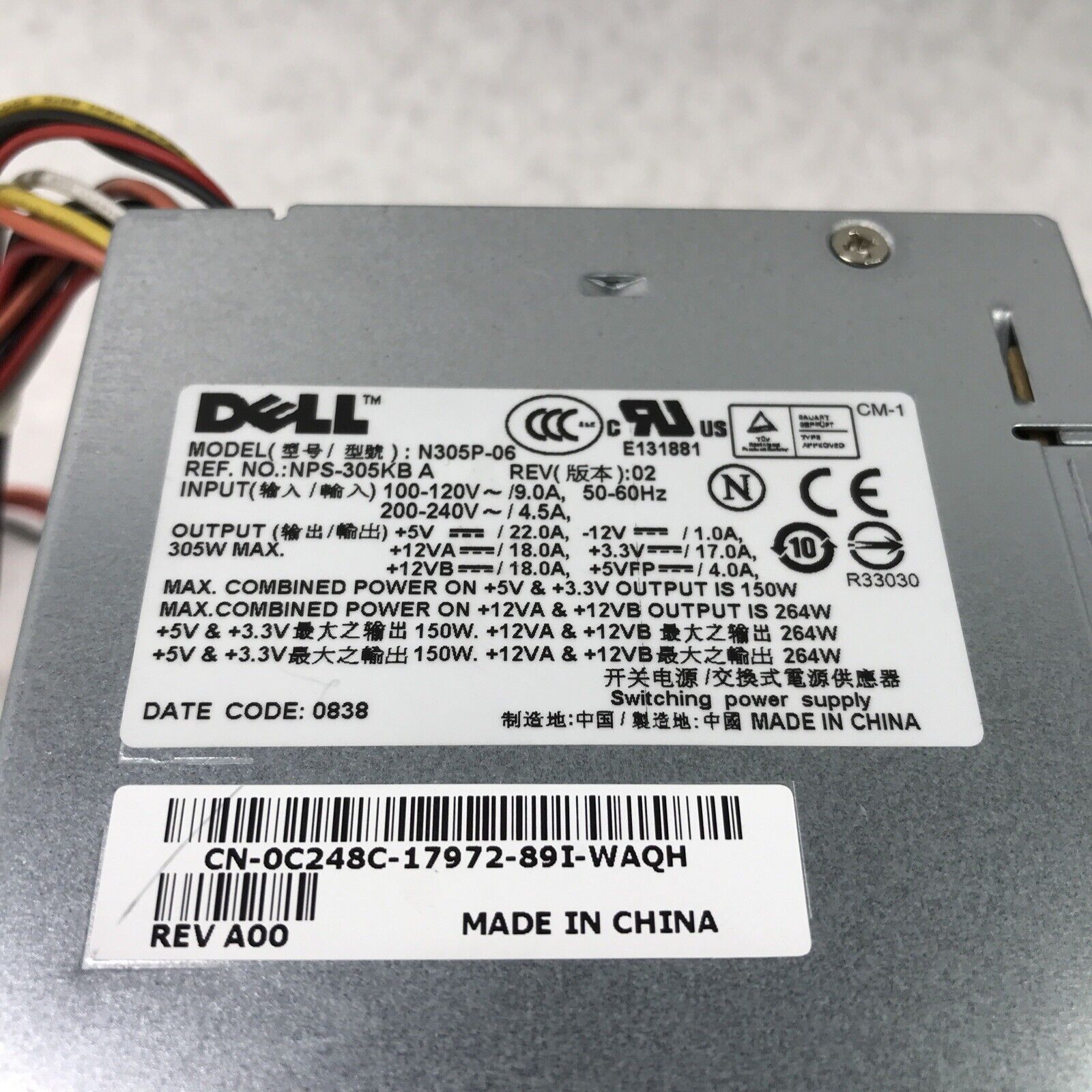 Dell H305P-06 240V 60Hz 9.0A 305W Power Supply NPS-305KB (Tested and Working)