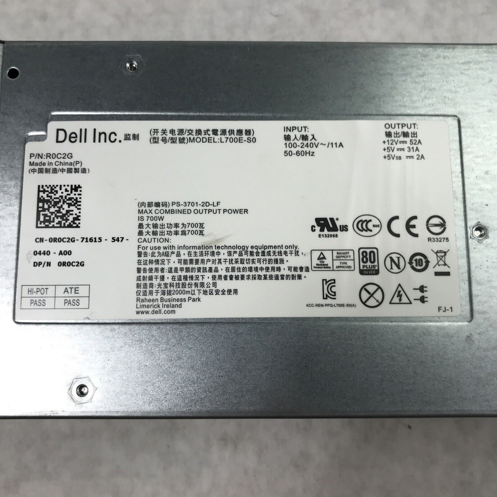 Dell R0C2G 240V 11A 60Hz 700W PS-3701-2D-LF Power Supply L700E-S0