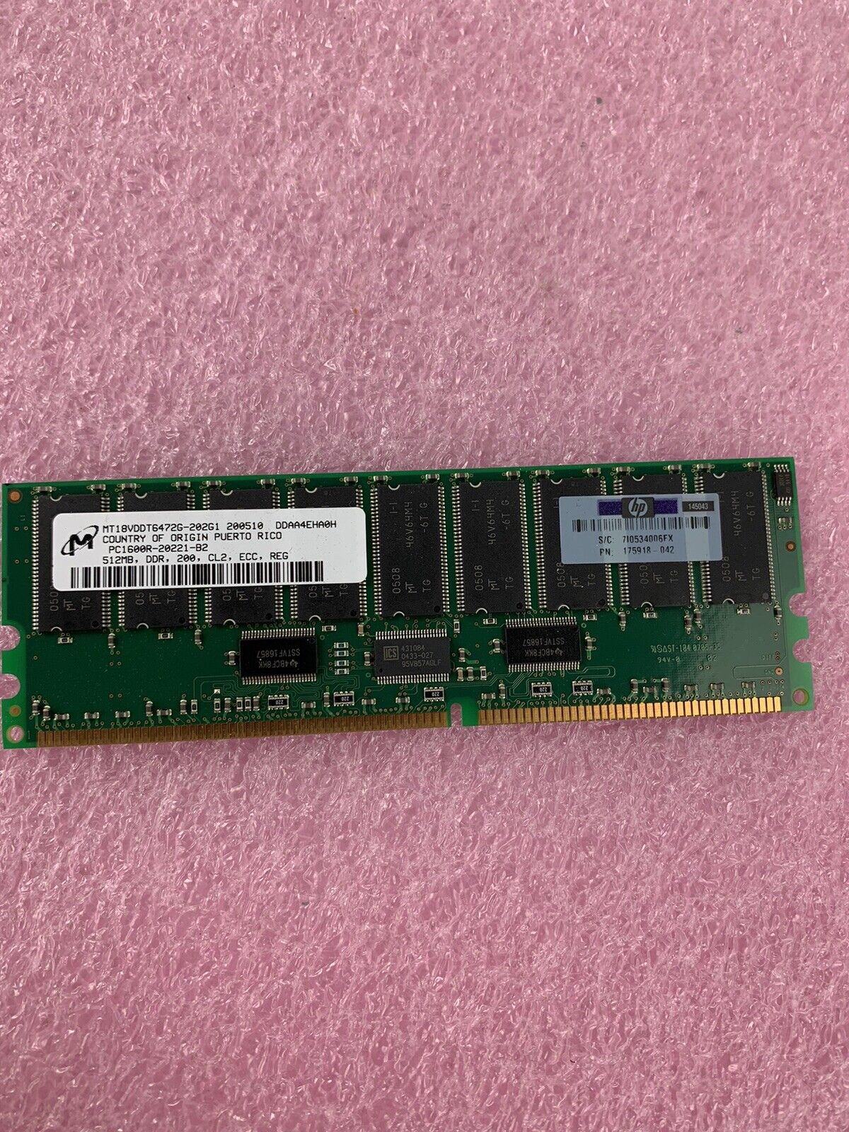 Micron MT18VDDT6472G-202G1 PC1600R-20221-B2 512MB DDR Server Memory RAM