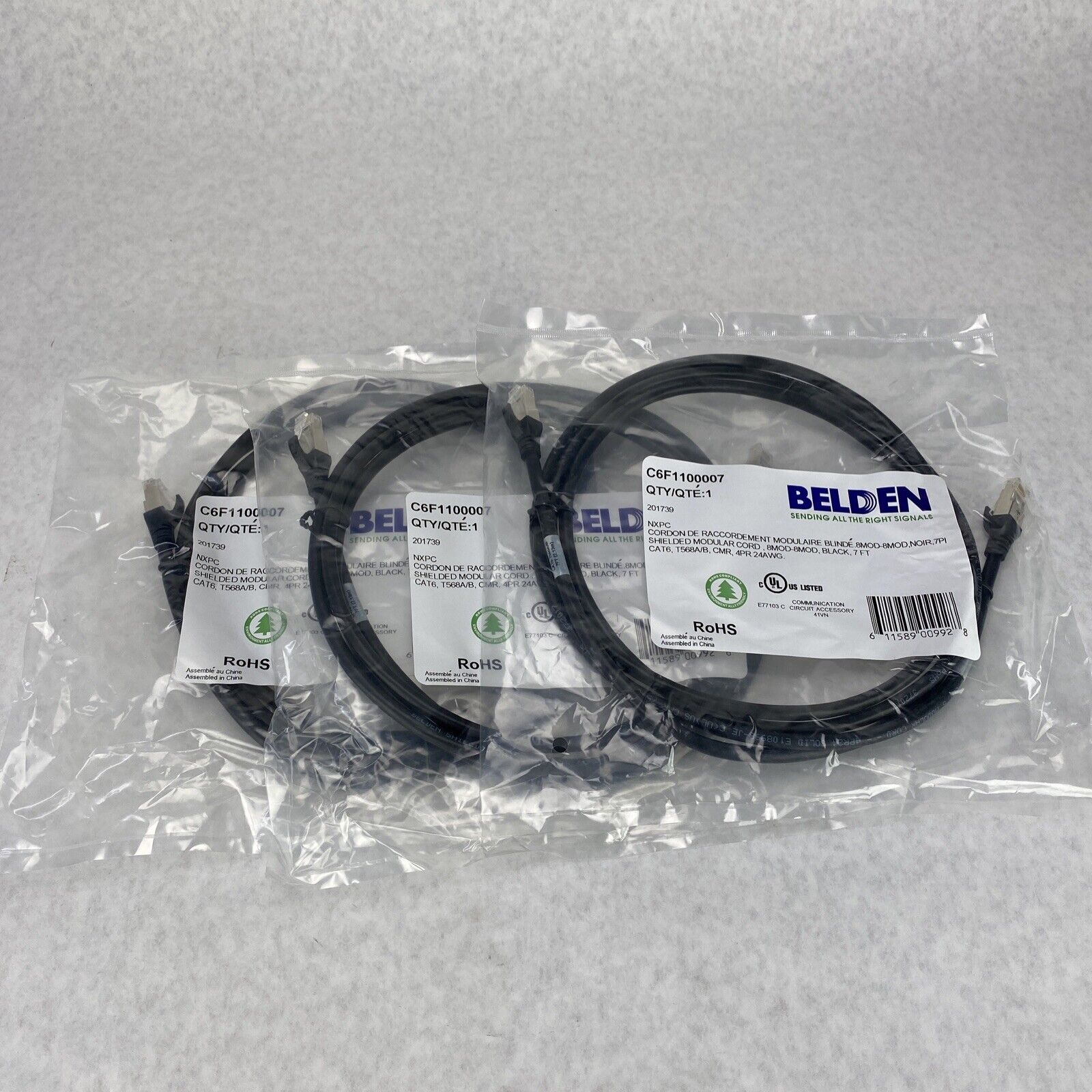 Lot of 3 Belden C6F1100007 Ethernet CAT6 Shielded Modular Cord 7ft Black 201739