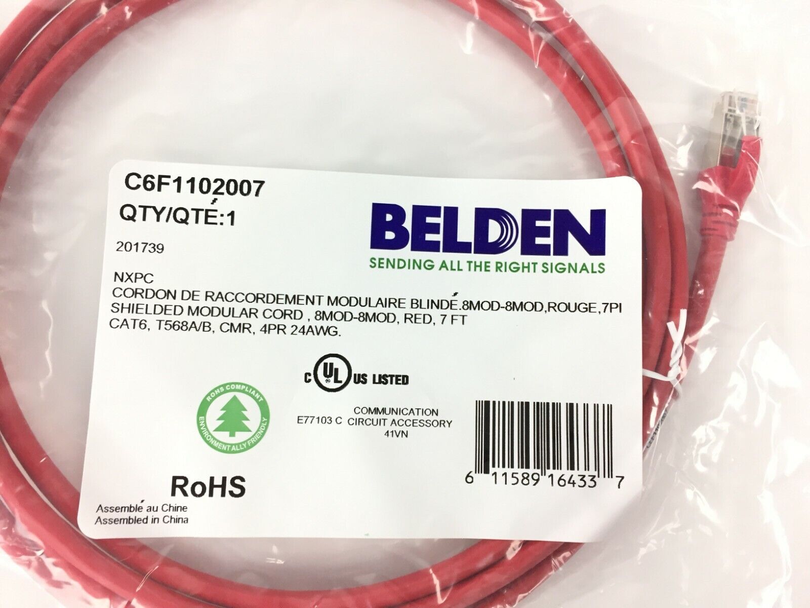 Belden C6F1102007 CAT6 Ethernet Patch Networking Cable 201739 Cord, RED, 7-Foot