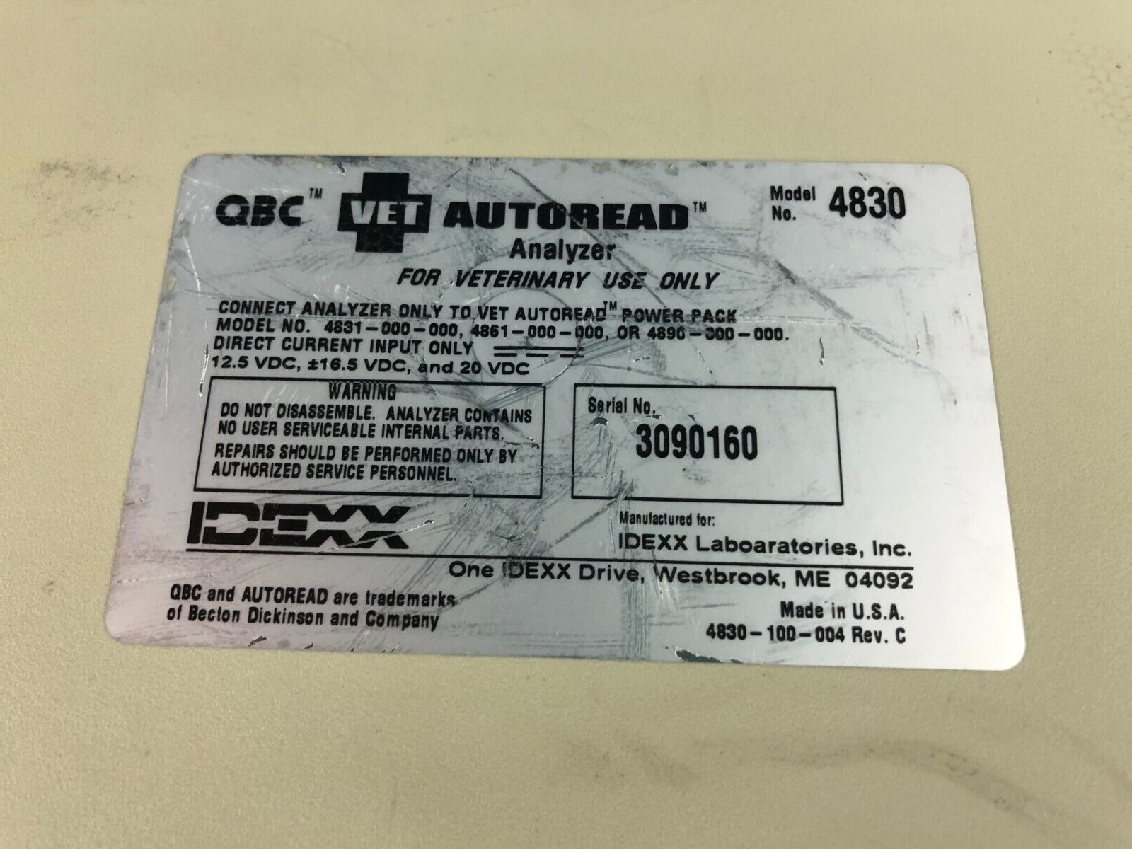 IDEXX Lab QBC Vet Autoread Analyzer 4830 No Power Supply - Parts or Repair