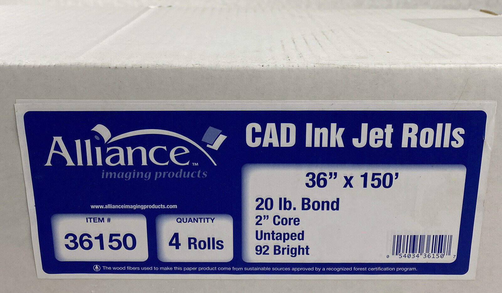 Lot( 3 ) Alliance 36150 Wide Format Paper 36"x150'x2" CAD Bond Rolls 92 Bright