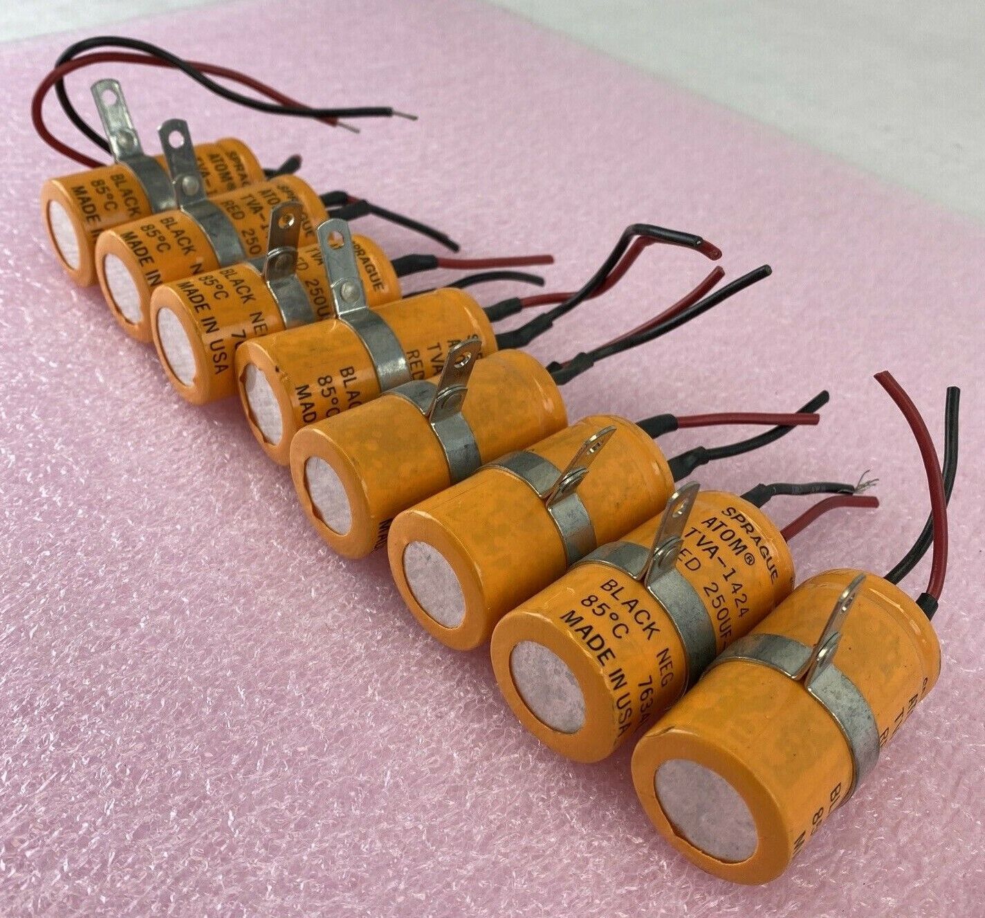 Lot of 8 Sprague ATOM TVA-1424 Axial Capacitors 250uF 150VDC 85°C 7634L