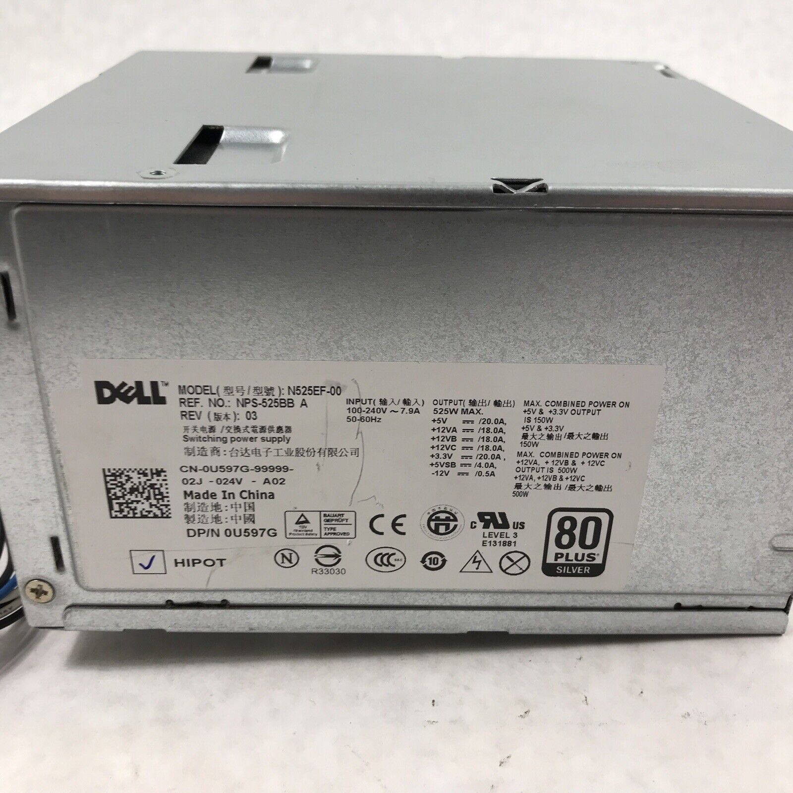 Dell U597G Precision T3500 525W Power Supply N525EF-00 NPS-525BB A Rv 02 W Cable