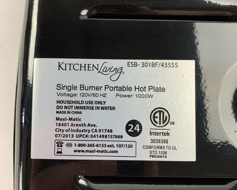 Kitchen Living  ESB-301BF/43555 Countertop Single Cast Iron Burner 1000 Watts