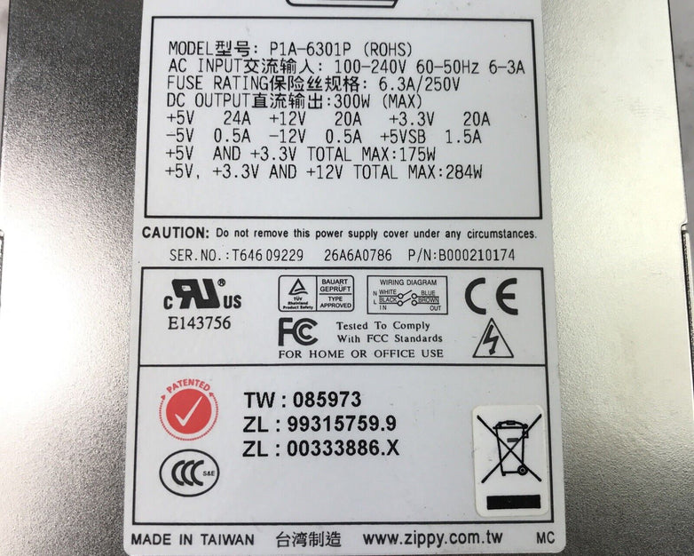 EMACS P1A-6301P 240V 60Hz 6A 284W Server Power Supply