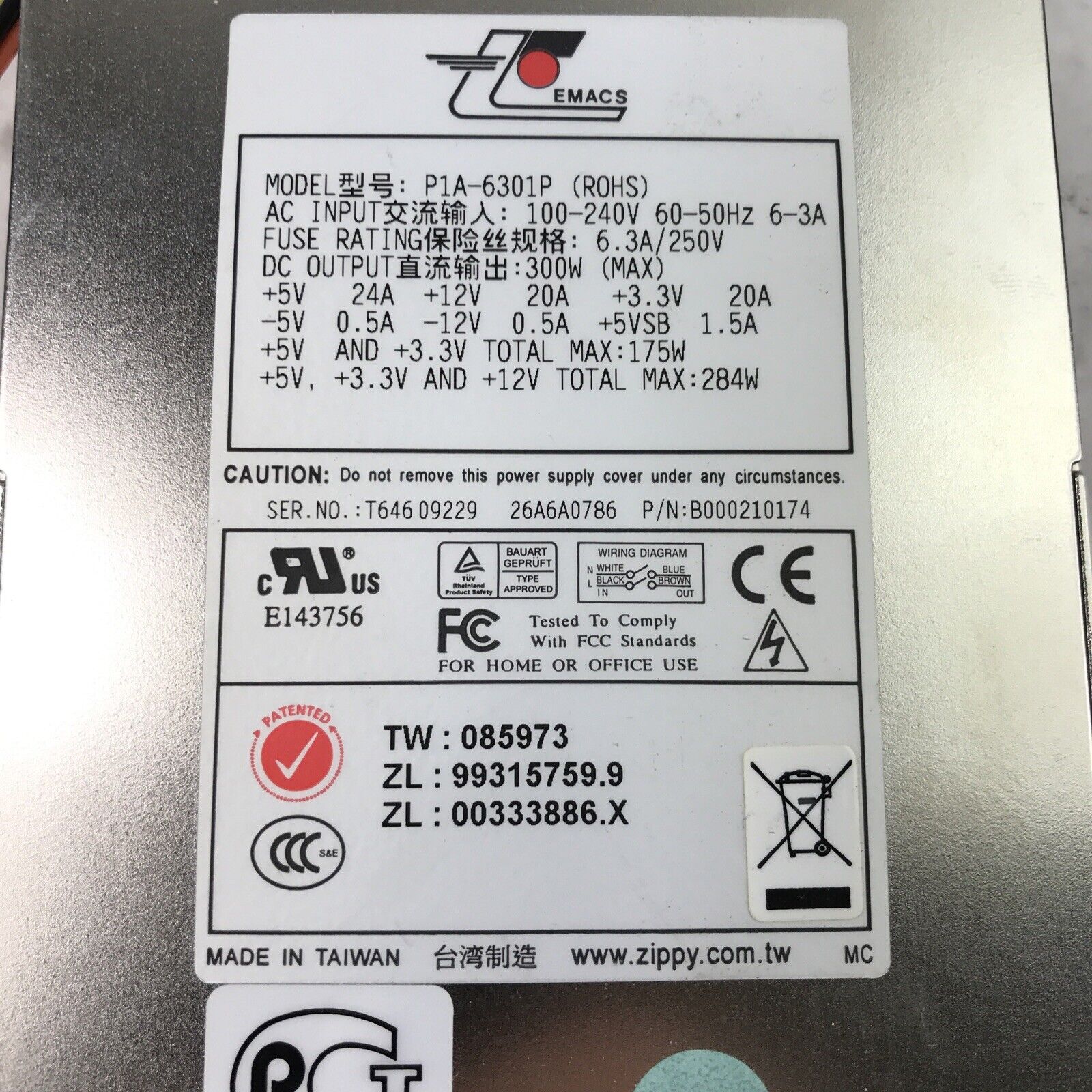 EMACS P1A-6301P 240V 60Hz 6A 284W Server Power Supply