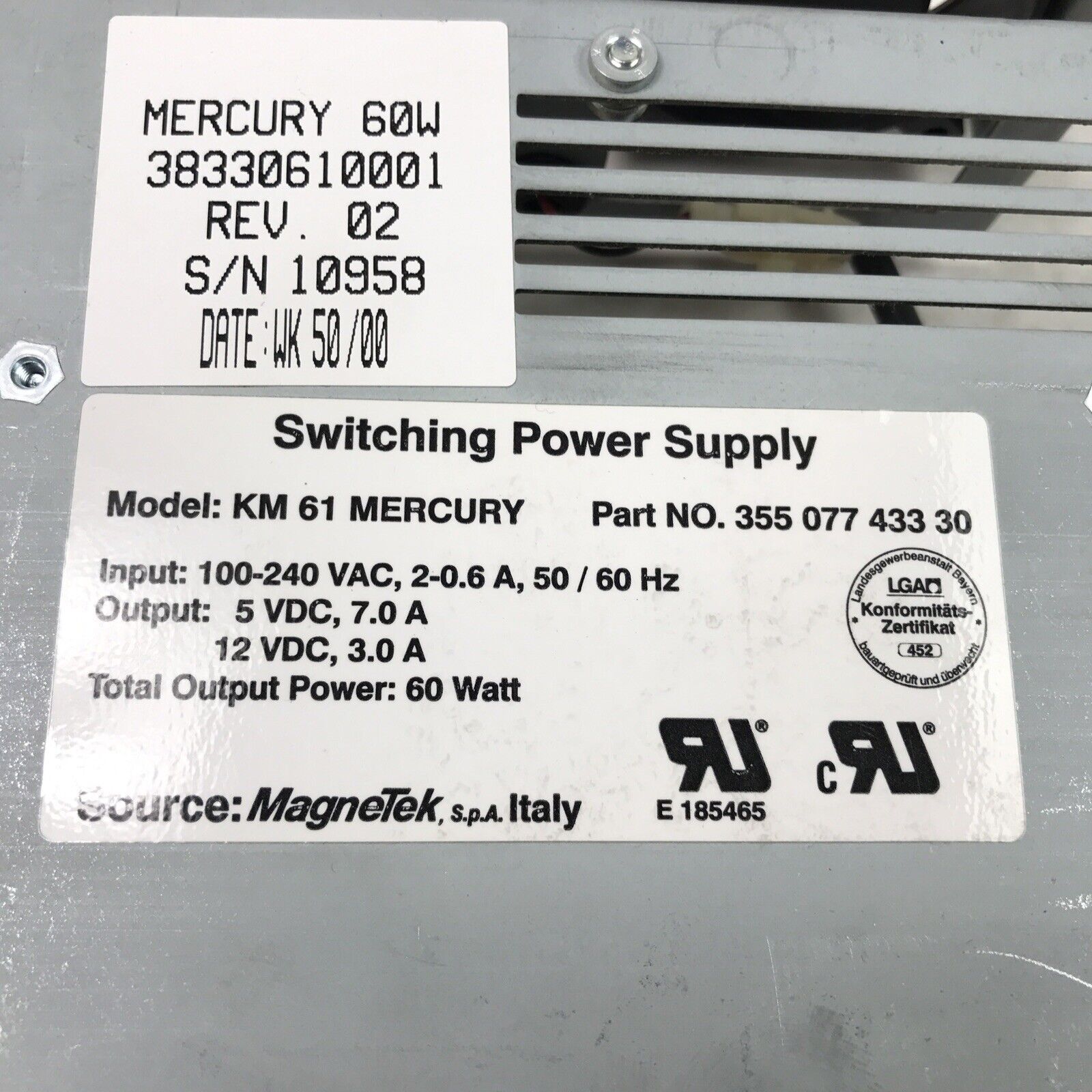 KM 61 Mercury 355-077-433-30 Switching Power Supply 60Hz  60W 240VAC 7A