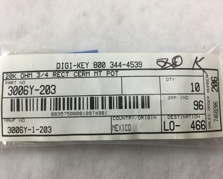 DIGI-KEY 20k OHM 3/4 Rect Cerm MT POT 3006Y-203 (Lot of 10)
