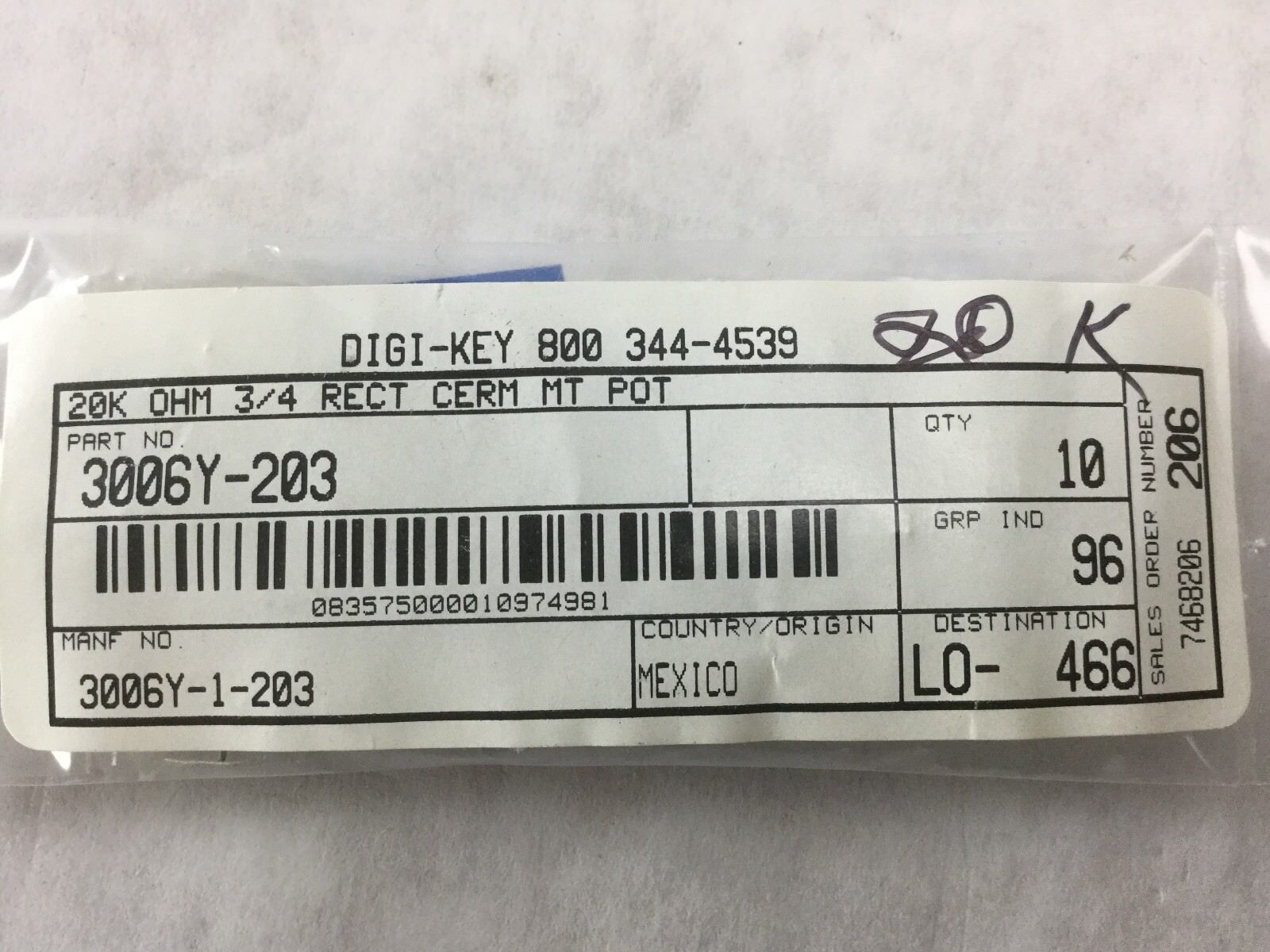 DIGI-KEY 20k OHM 3/4 Rect Cerm MT POT 3006Y-203 (Lot of 10)