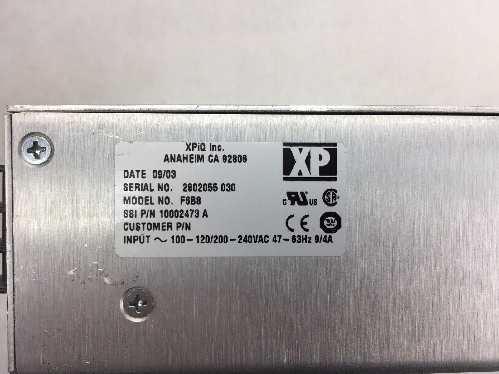 XPiQ Inc. Power Supply F6B8 200-240 VAC 9/4A