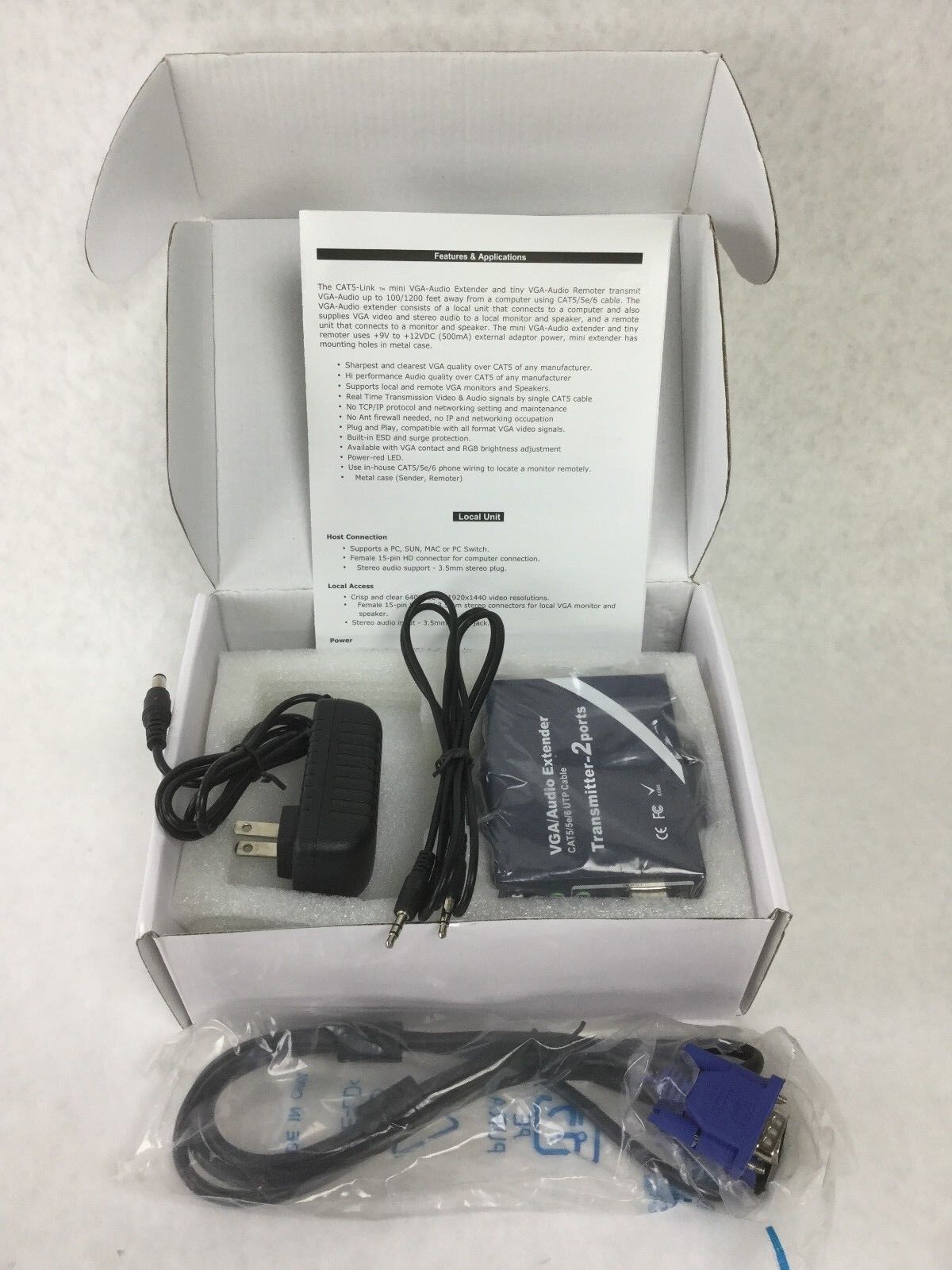 VGA/Audio Extender 1Transmitter-2ports(CAT5/5e/6 UTP Cable)w/Power Supply&Cables