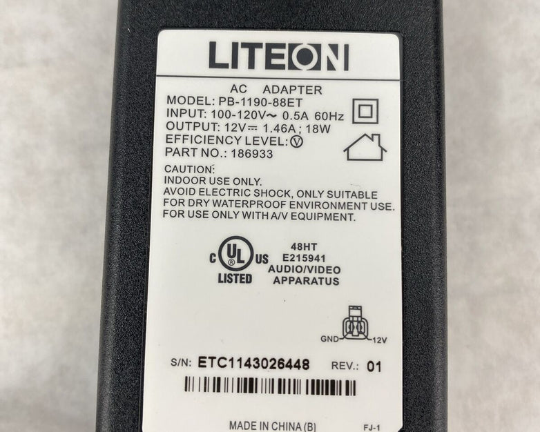 Liteon PB-1190-88ET 186933 100-120V 0.5A 60Hz 12V 1.5A AC Power Adapter