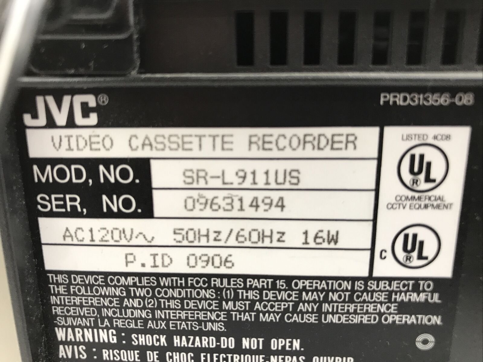 JVC Video Cassette Recorder SR-L911US AC120V 50/60Hz 16W