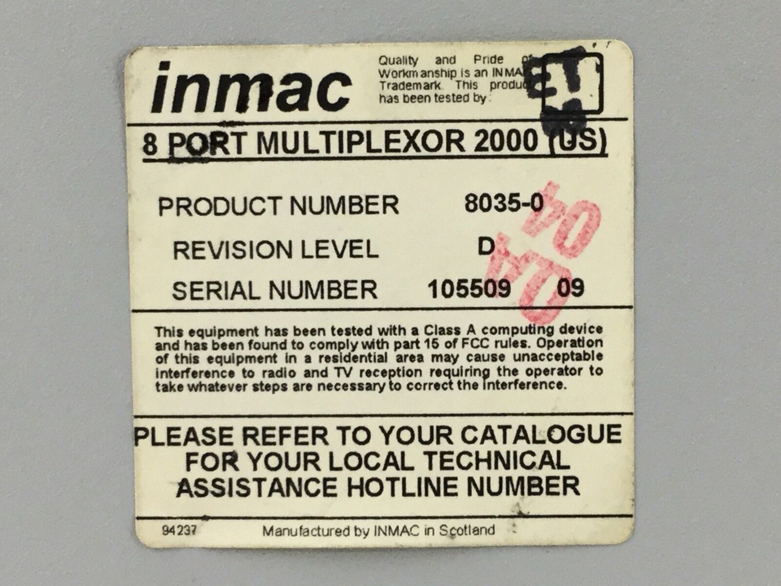 inmac CLEAR SIGNAL Mux 2000 8 Port Multiplexor W/ Power Cord 8035-0