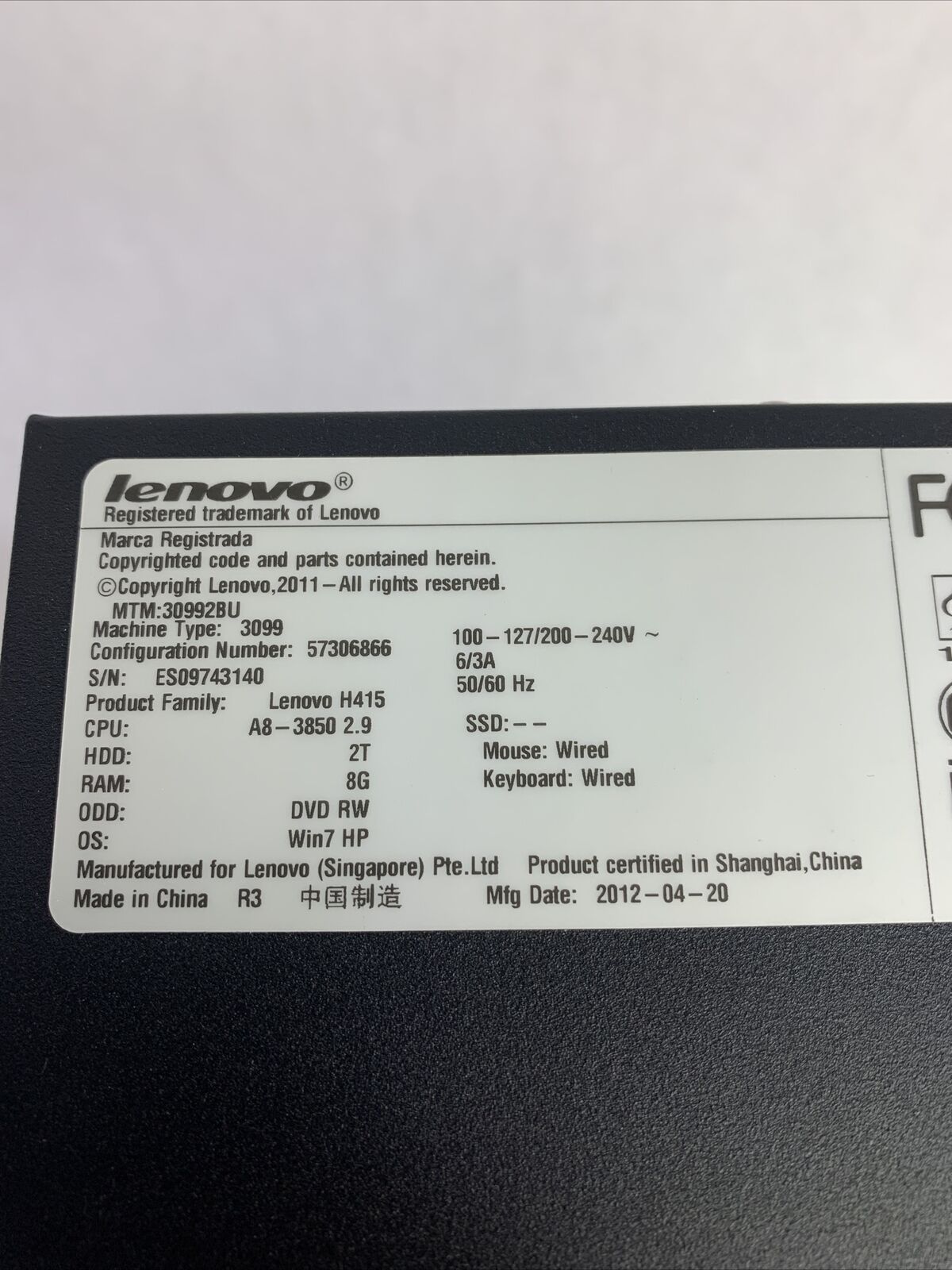 Lenovo 3099 MT AMD A8-3850 2.9GHz 4GB RAM No HDD No OS