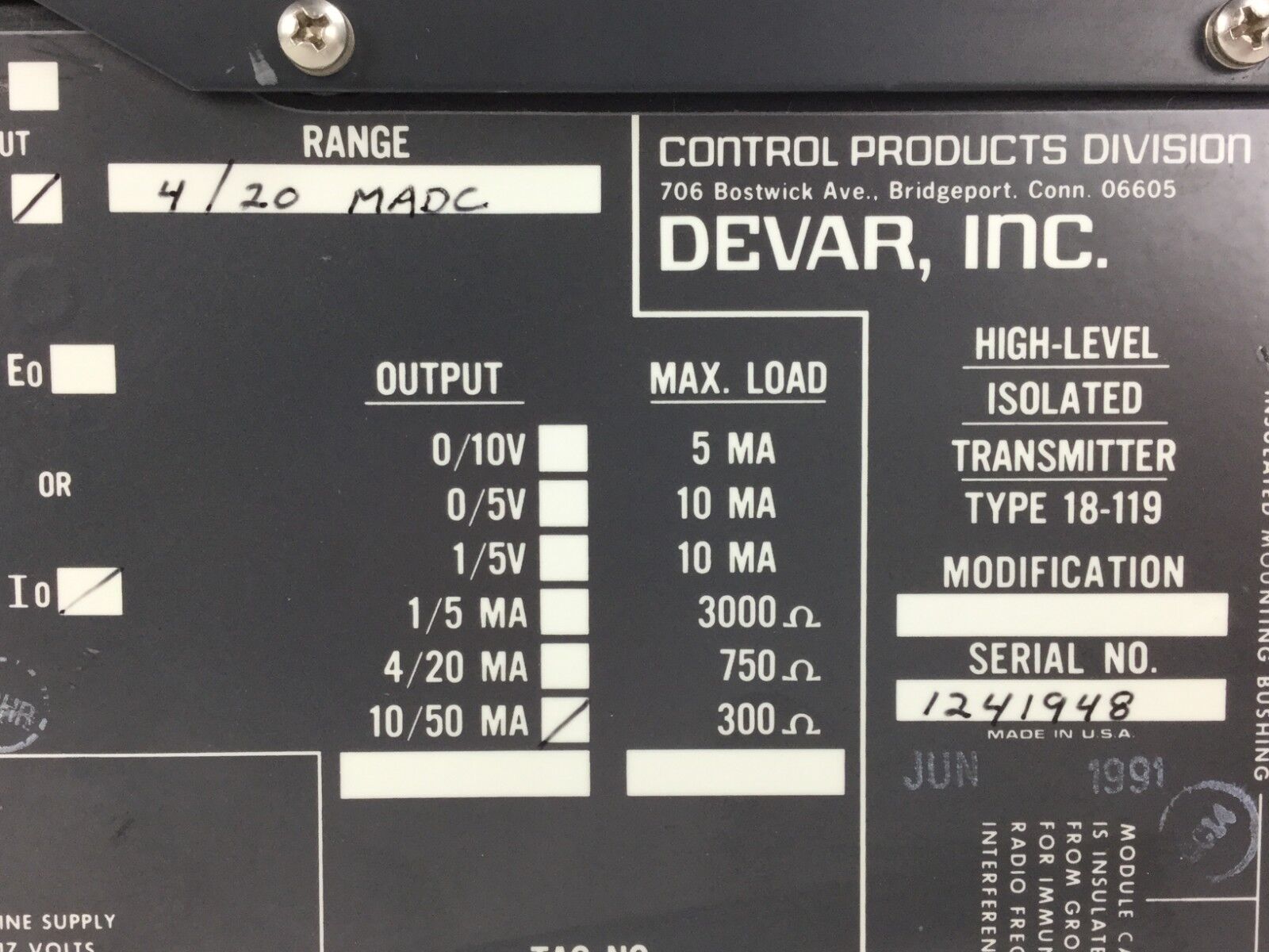 DEVAR 18-119 High-Level Isolated Transmitter 18-119  10/50 MA  4/20 MADC Range