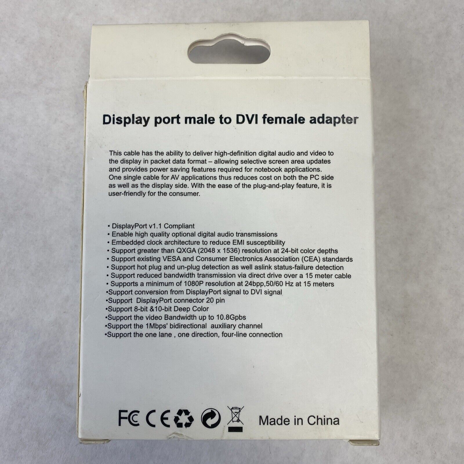 DisplayPort Male to DVI-D Female Single-Link Adapter 1920x1200 250MHz NOS