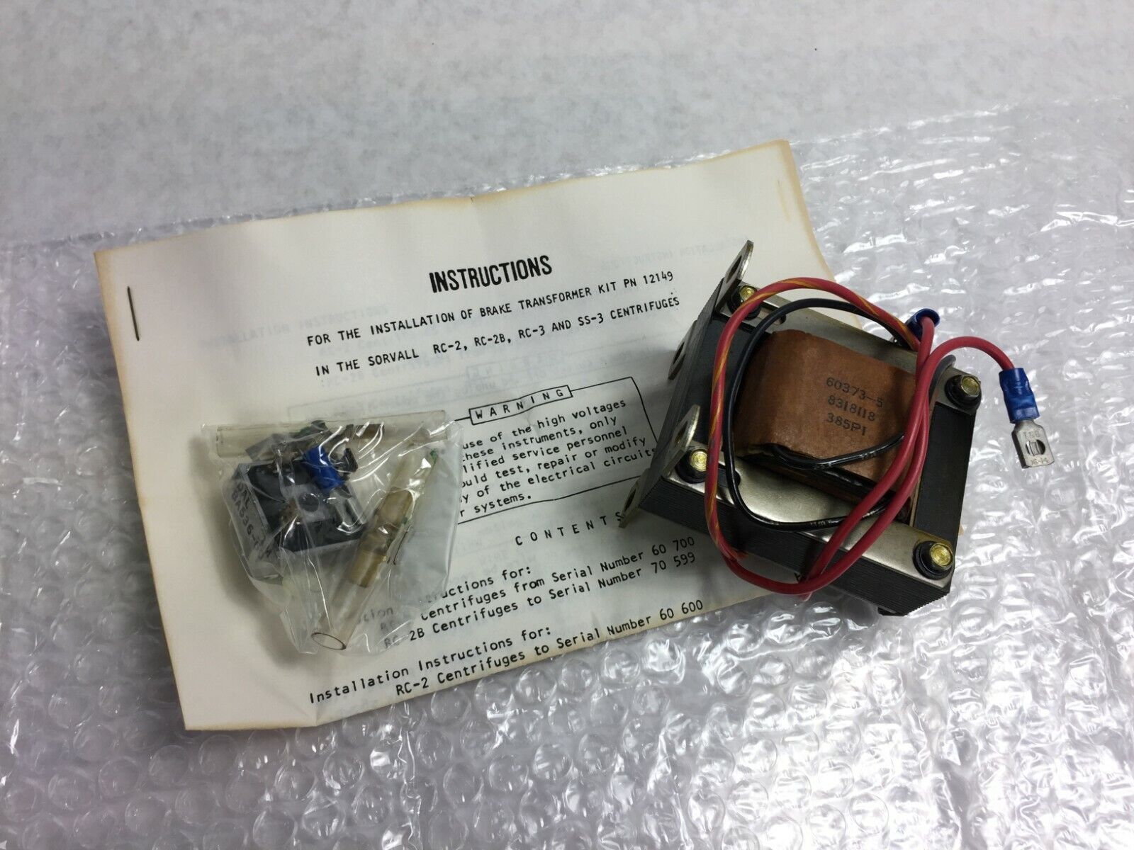 Sorvall Brake Transformer Kit for RC-2 RC-2B RC-3 SS-3 Centrifuges  P/N 12149