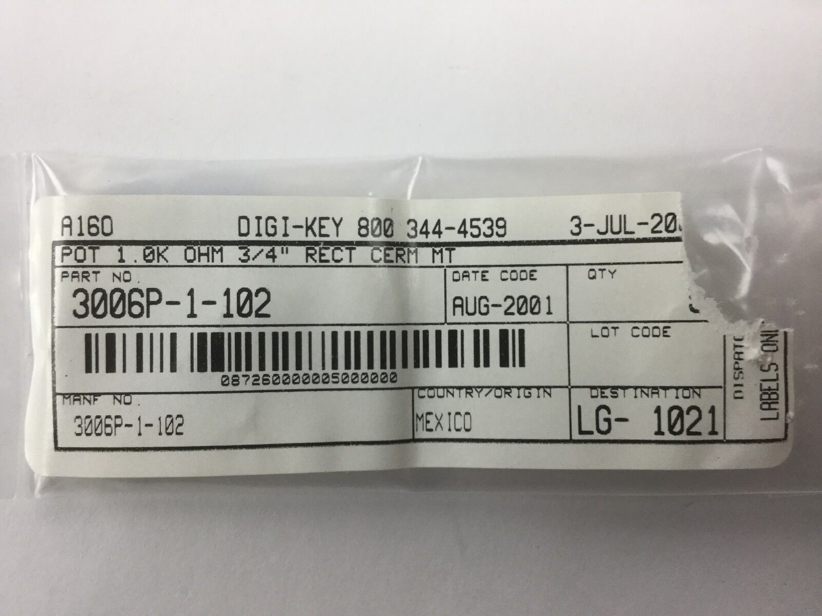 Bourns 3006P-1-102 TRIMMER 50K OHM 0.75W PC PIN (Lot of 5)