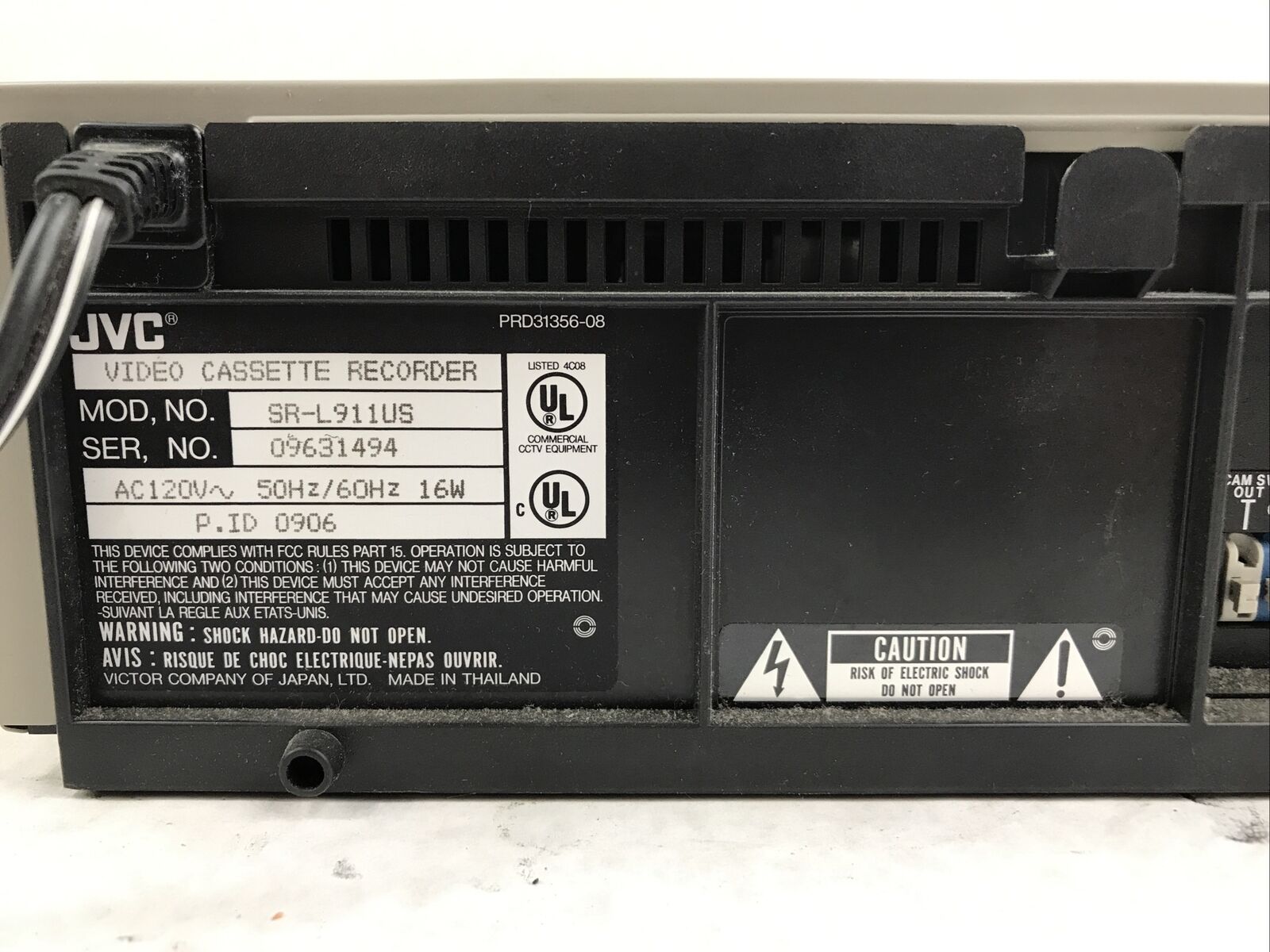 JVC Video Cassette Recorder SR-L911US AC120V 50/60Hz 16W