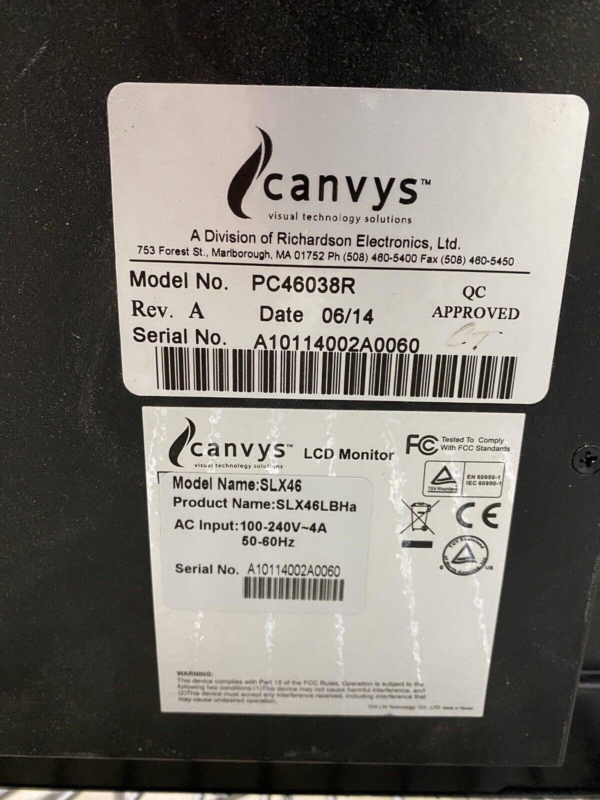 Canvys PC46038R 46" LCD Monitor SLX46LBHa VGA/RS232C/DVI-D/DisplayPort/HDMI Blac