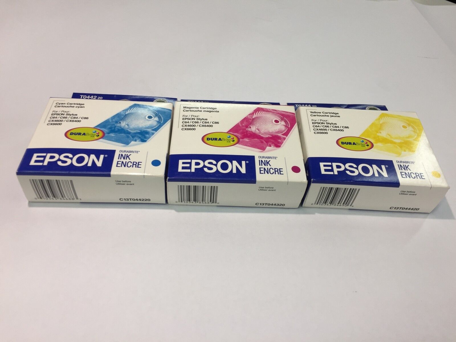 Epson T0442 Cyan, T0443 Magenta, T0444 Yellow (Lot of 3) NEW Factory Sealed