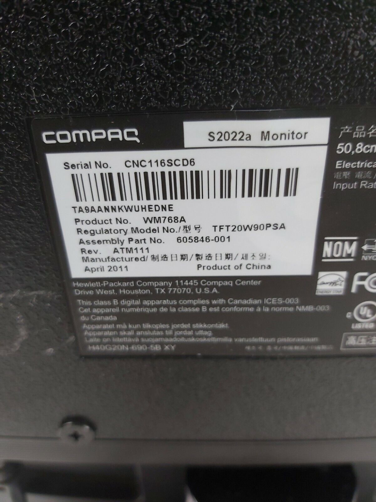HP Compaq S2022a 20" LCD Monitor WM768A Grade C Pwr Cord Included