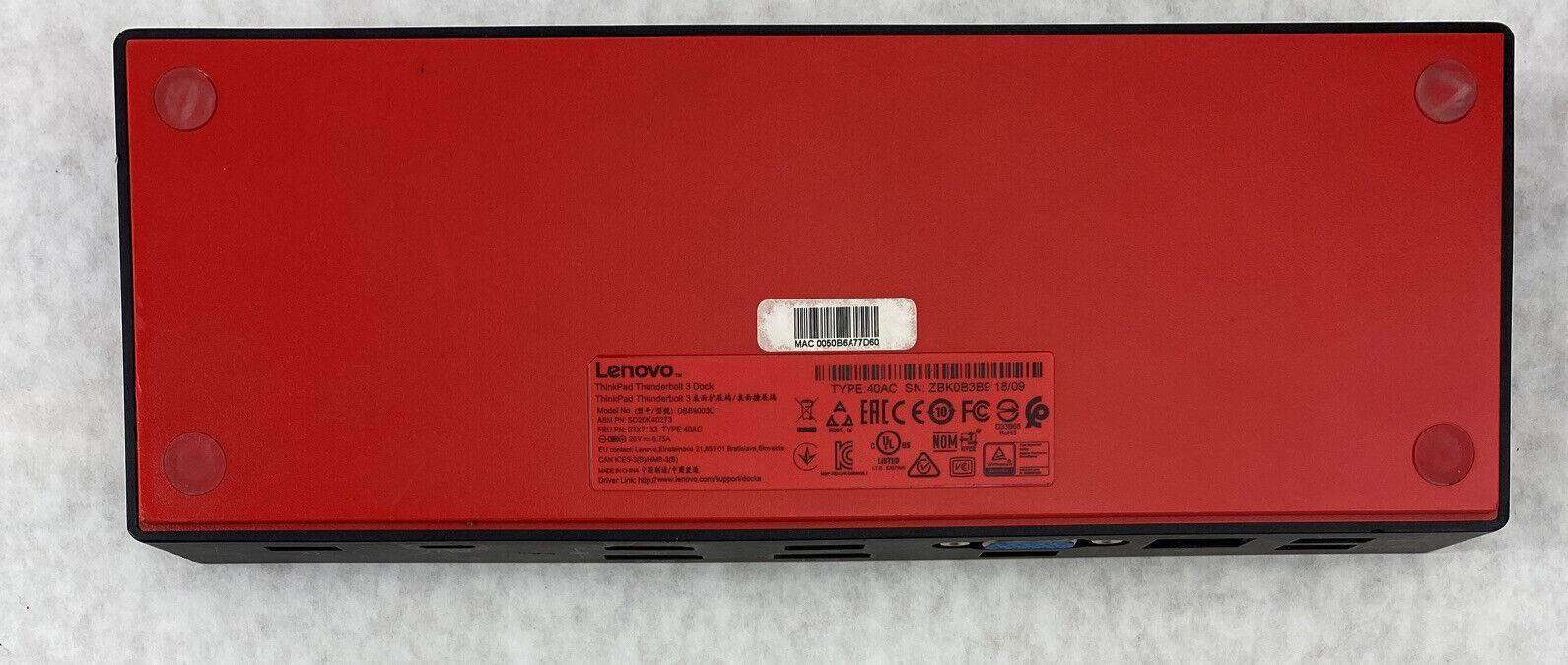 Lenovo 03X7133 ThinkPad Thunderbolt 3 Dock DBB9003L1 Type 40AC No AC Adapter