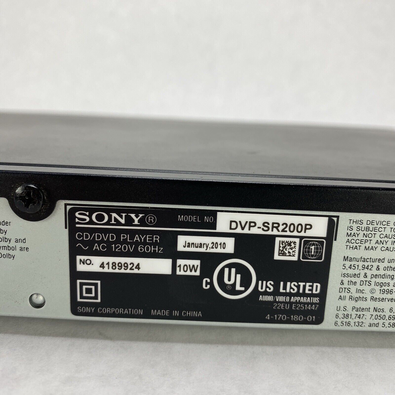 Sony DVP-SR200P DVD CD Player Black Tested NO REMOTE