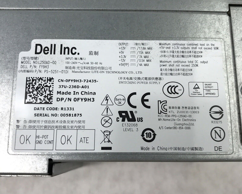Dell FY9H3 OptiPlex 3010 7010 250W Desktop Power Supply