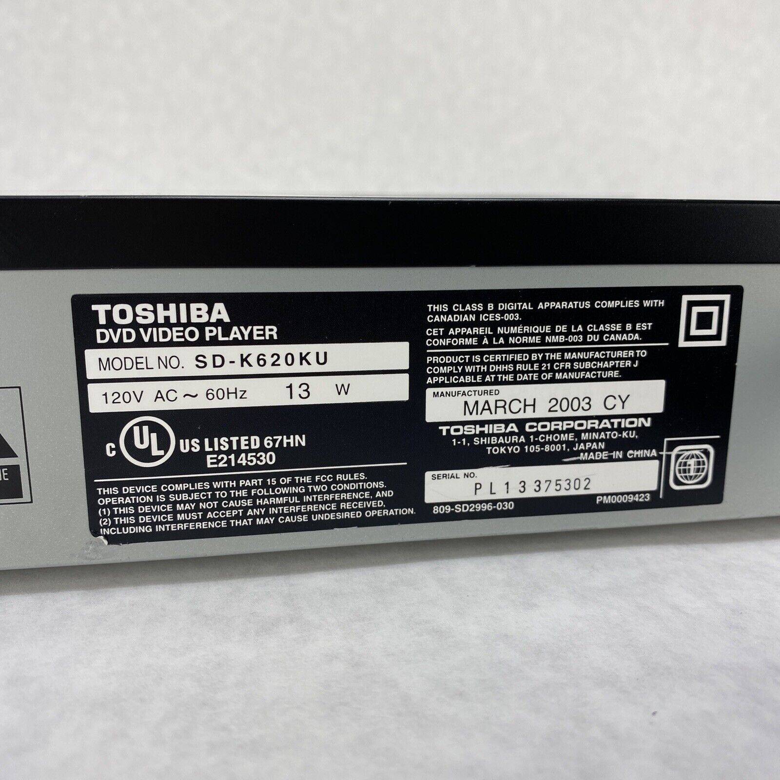 Toshiba SD-K620KU DVD Player Black Dolby Digital Color