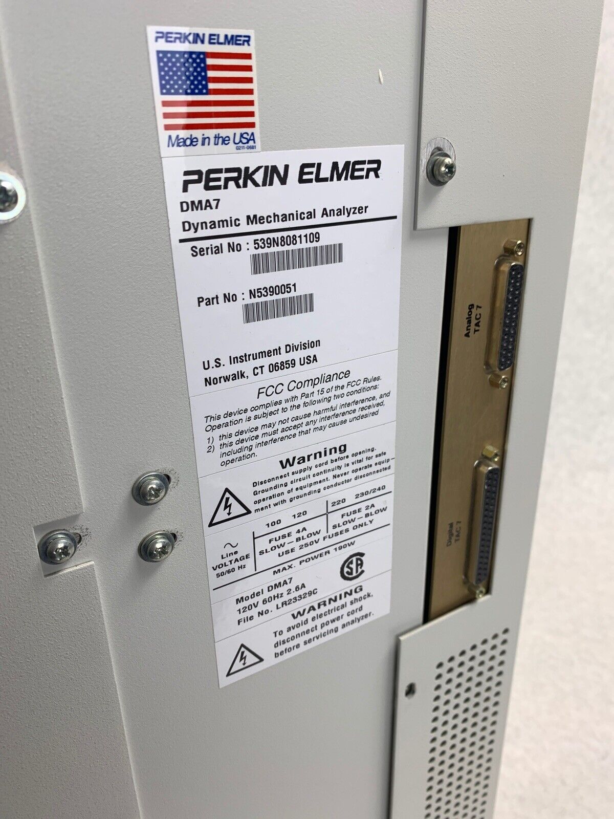 Perkin Elmer DMA 7e Dynamic Mechanical Analyzer Unable to Test N5390051