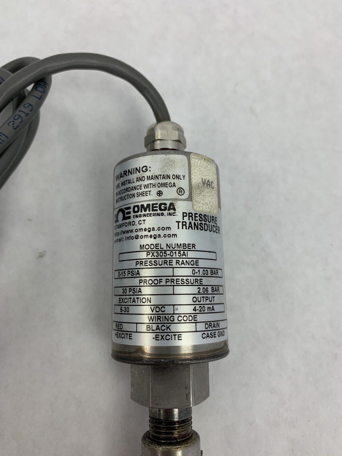 Omega Pressure Transducer PX305-015AI 0-15 PSIA 0-1.03 BAR 12-30VDC  Untested