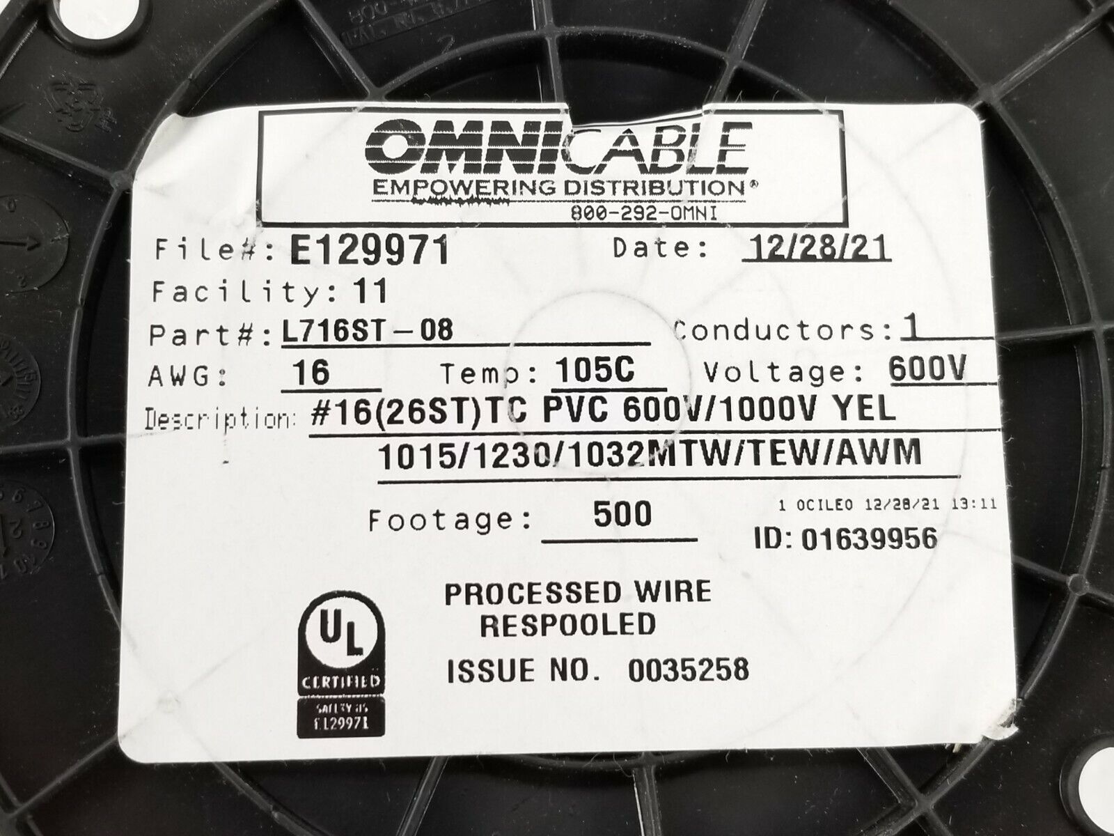 Omni Cable L716ST-08  16(26ST)TC PVC 600V/1000V Yellow 1015 / 1230 / 1032  500FT