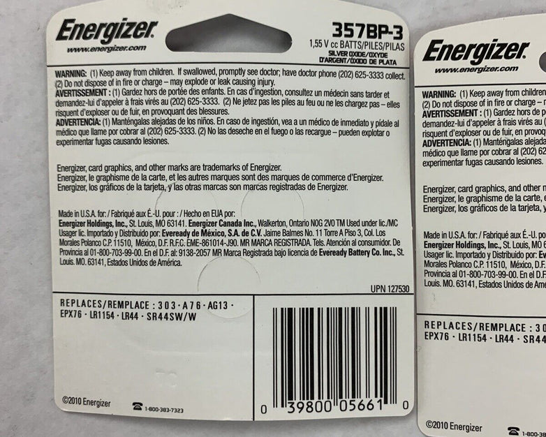 Lot of 2 Energizer 357BP-3 pack of 3 357