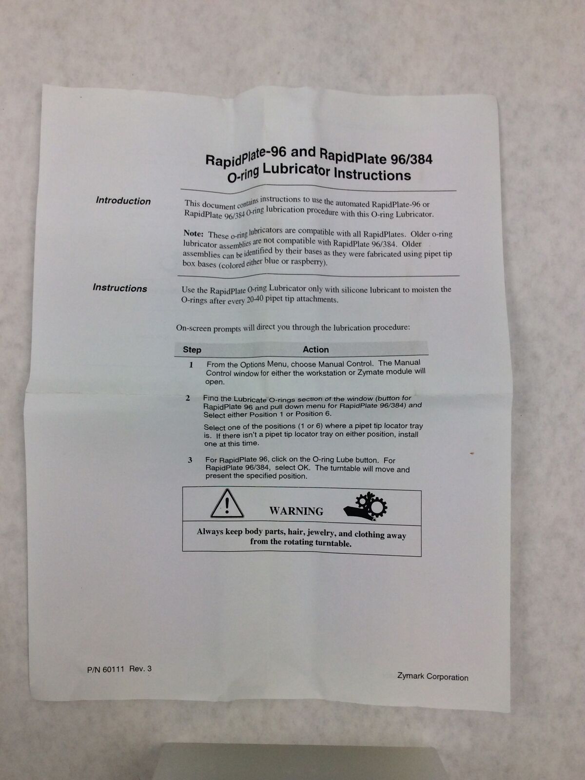 Zymark Rapid Plate-96/384 O-ring Lubricator w/Instructions