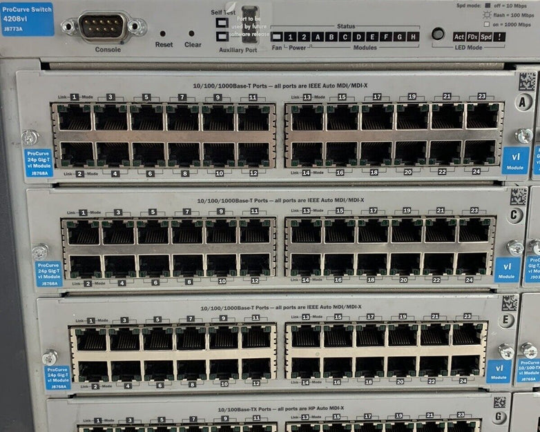 HP ProCurve Network Switch J8773A 4208VL Chassis w/ 6x J8768A and 2x J9033A
