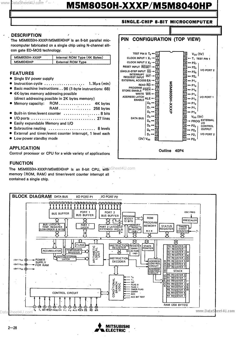Mitsubishi M5M8040HP-8 Single Chip 8-Bit Microcomputer DIP-40 5V