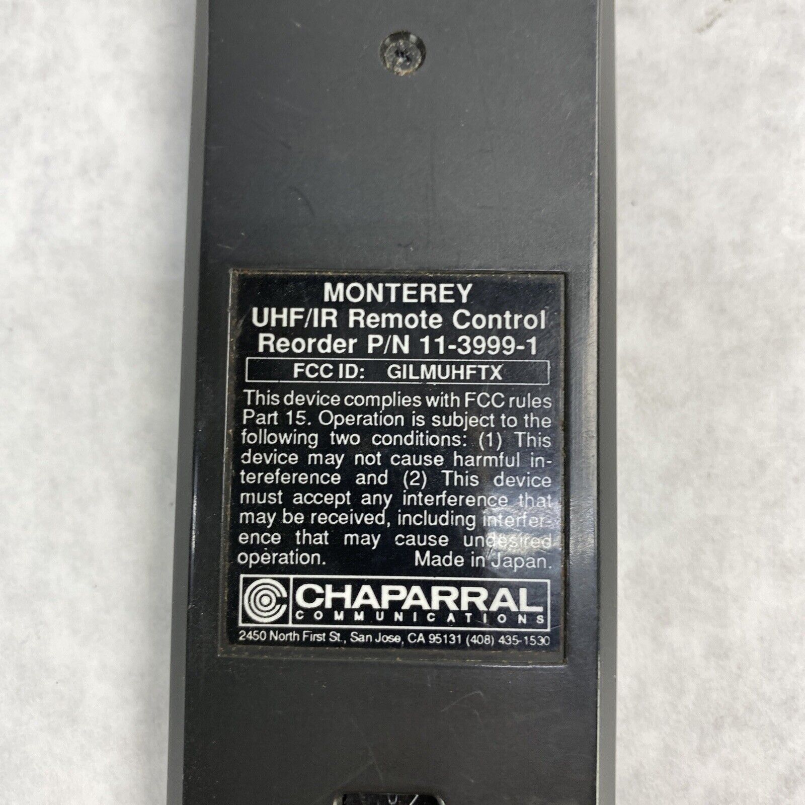 Chaparral Communications 11-3999-1 Monterey UHF/IR Remote Control