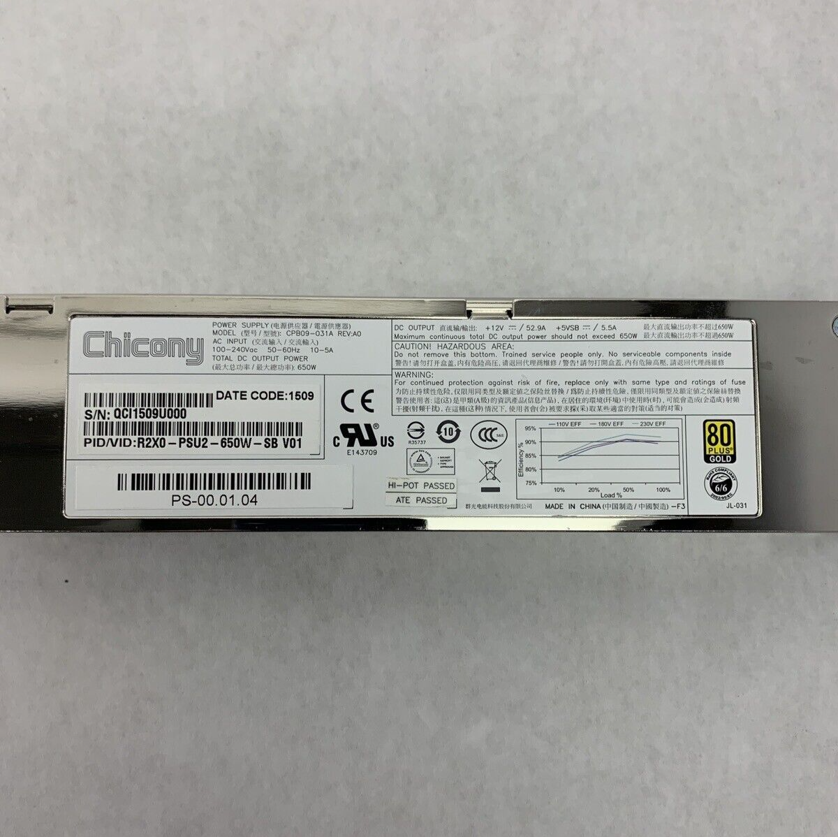 Chiicony CPB09-031A 650W 80PLUS GOLD Power Supply For Cisco UCS C200 M2 Tested