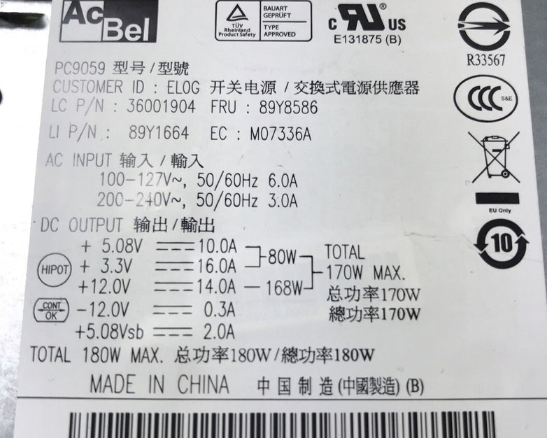 AcBel PC9059 60Hz 240V 6.0A 180W Power Supply 89Y1664 (Tested and Working)