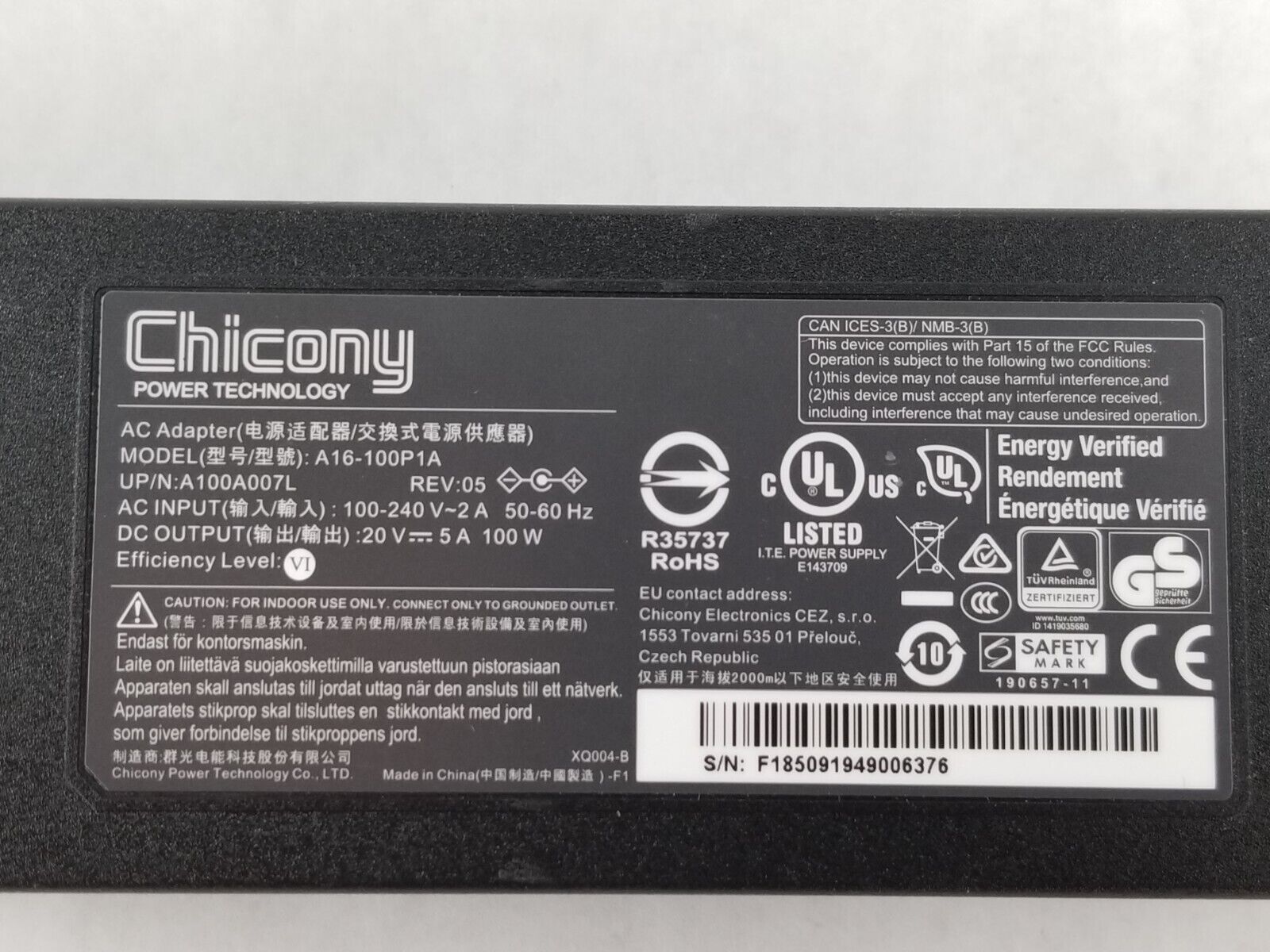 Chicony A16-100P1A Laptop AC Adapter 20V 5A 100W 20V5A100W-5.5x2.5mm