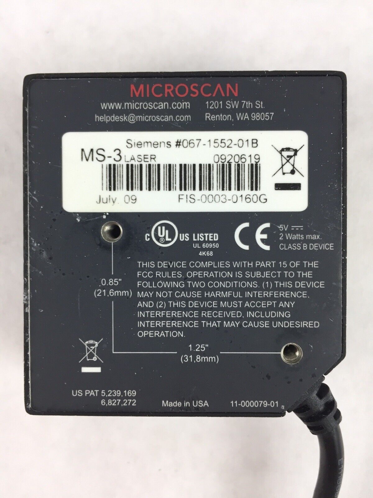 Microscan Siemens MS-3 Laser Barcode Scanner Reader 067-1552-01B