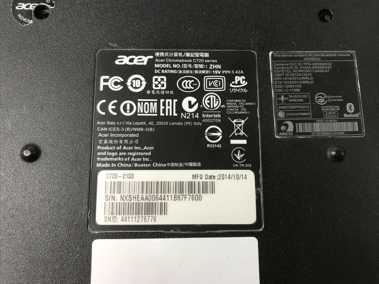 Acer C720 Series Chromebook Bottom Base Case ZHN
