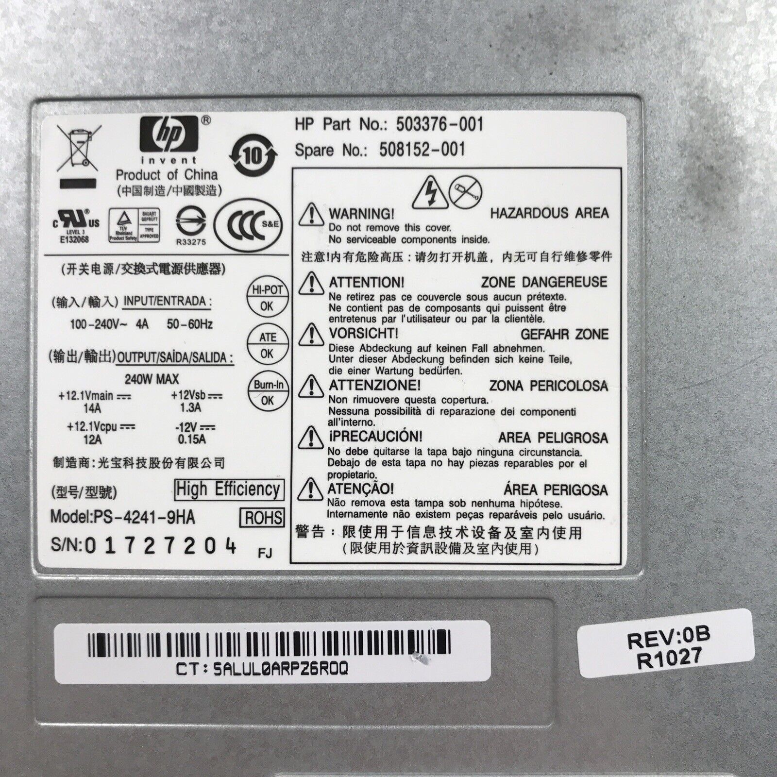 HP 503376-001 240V 60Hz 240W Desktop Power Supply 508152-001