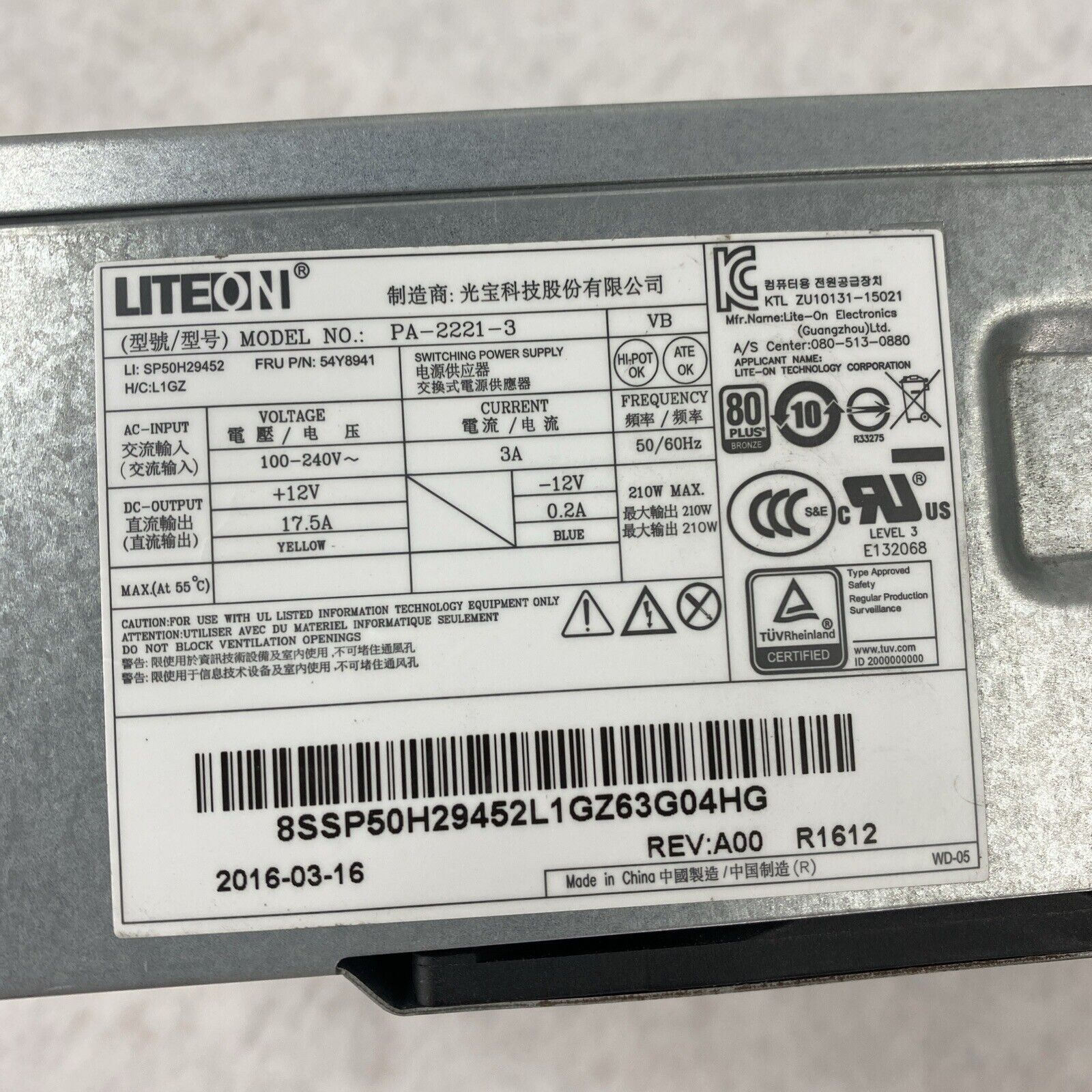 LiteOn PA-2221-3 54Y8941 SFF 210W Power Supply for Lenovo M700 M900 P310