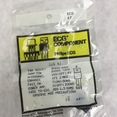 Philips ECG 67 Transistor, PWR MOSFET, 5AMP 75W, NEW SEALED
