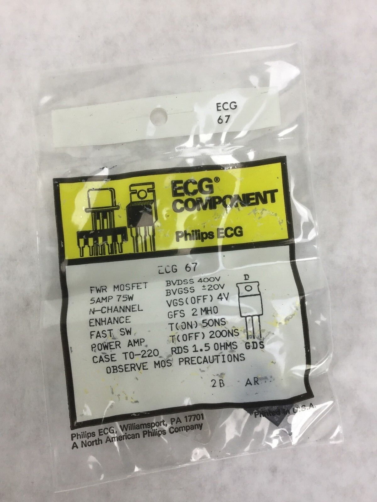 Philips ECG 67 Transistor, PWR MOSFET, 5AMP 75W, NEW SEALED
